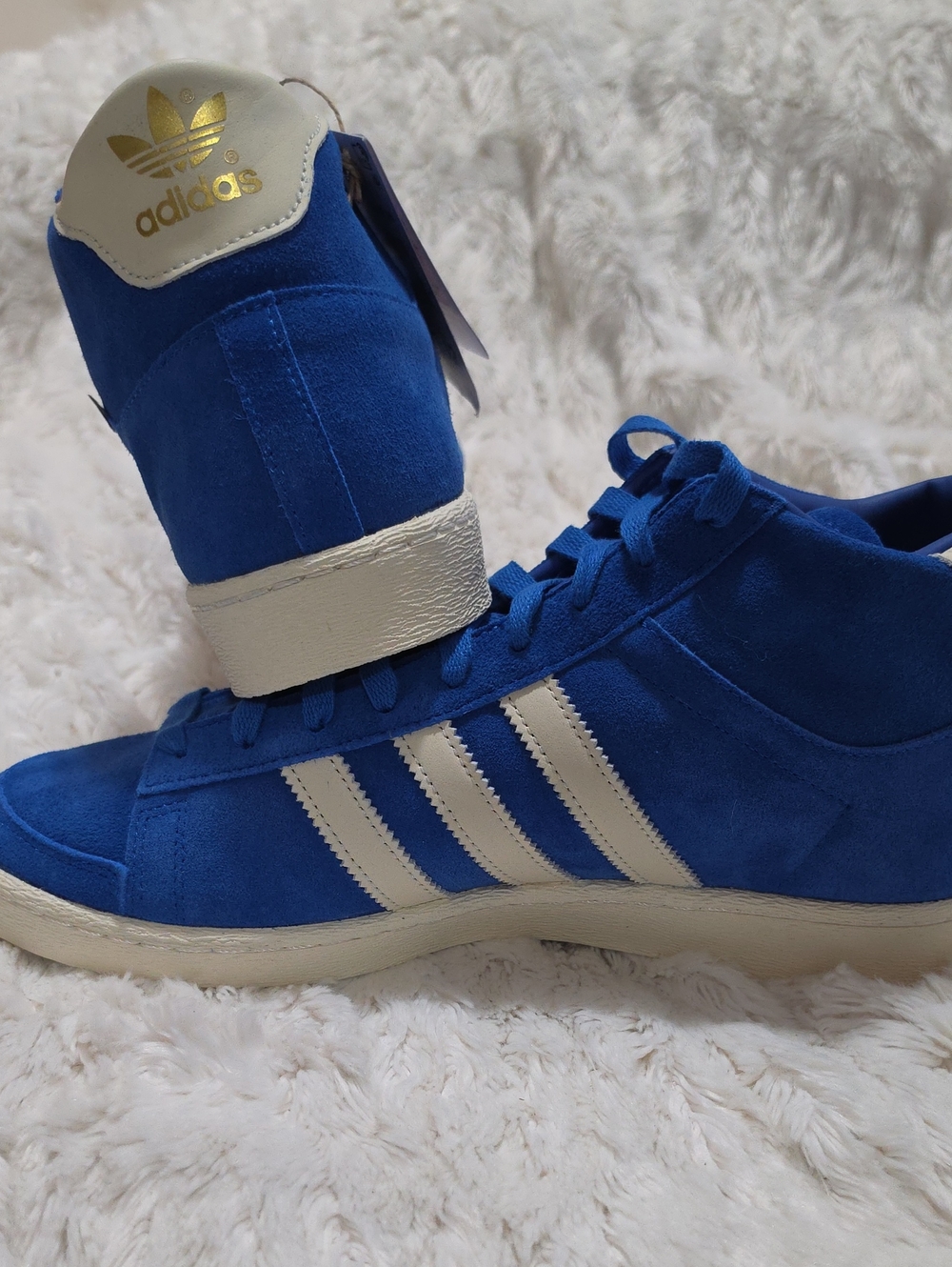 adidas Men’s Blue Suede High-Top Sneakers with White Stripes